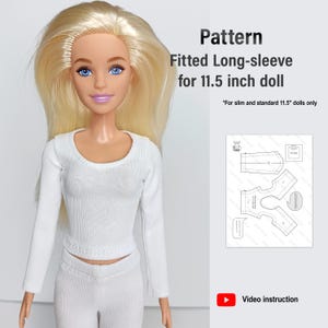 May include: A white fitted long-sleeve shirt sewing pattern for an 11.5 inch doll. The pattern includes instructions for making a fitted long-sleeve shirt for a doll with a slim or standard body type. The pattern is printed on white paper and includes a video instruction.