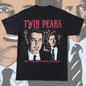 May include: Black t-shirt with a graphic of two men from the TV show Twin Peaks. The text "Twin Peaks" is in red and the text "Who Killed Laura Palmer?" is in white.