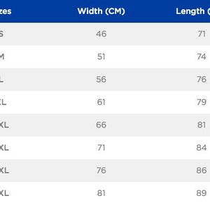May include: A white chart with a blue header displays clothing sizes and measurements in centimeters. Sizes range from S to 5XL, with corresponding widths from 46cm to 81cm and lengths from 71cm to 89cm. The chart is for apparel.