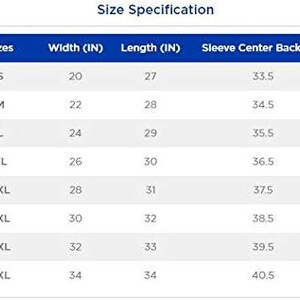 May include: A white chart with a blue header labeled "Size Specification." The chart lists sizes from S to 5XL, with corresponding measurements for width, length, and sleeve center back in inches.
