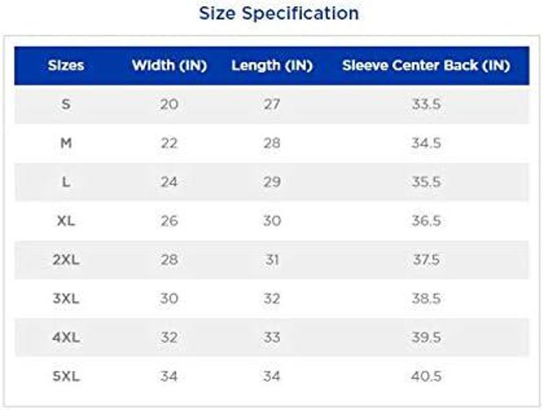May include: A white chart with a blue header labeled "Size Specification." The chart lists sizes from S to 5XL, with corresponding measurements for width, length, and sleeve center back in inches.