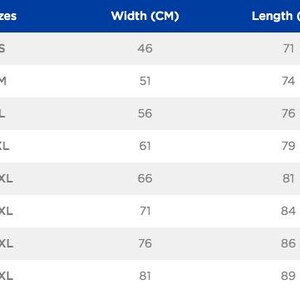 May include: A table showing size chart for clothing with measurements in centimeters. The table shows sizes from S to 5XL with corresponding width and length measurements.