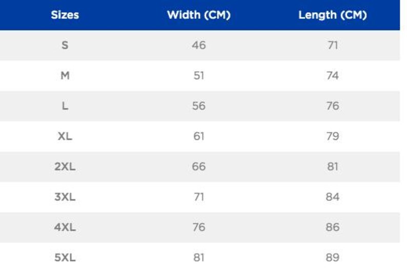 May include: A table showing size chart for clothing with measurements in centimeters. The table shows sizes from S to 5XL with corresponding width and length measurements.