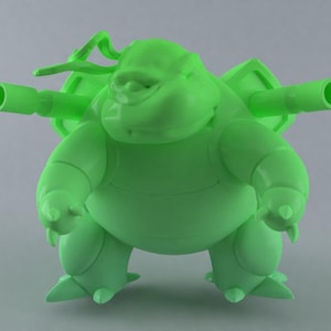 Puede incluir: Un juguete robot de color verde brillante, de estilo de dibujos animados, con dos cañones en la espalda. El robot tiene un cuerpo redondo y piernas cortas.