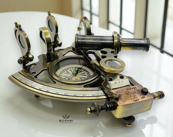 Sextant Antique En Laiton Avec Boussole - Reproduction Maritime, Style Navigation Ancienne