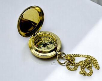 Brass Push Button Compass with Chain: Nautical Gift for Travelers