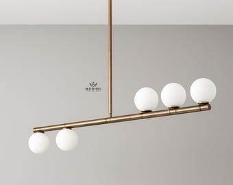 Żyrandol mosiężny - lampa wisząca liniowa z kloszami w kształcie kuli, lampa sufitowa w stylu mid-century modern