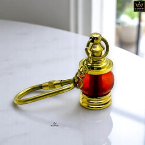 Brass Lamp Keychain: Red Glass Nautical Key Ring - Maritime Gift