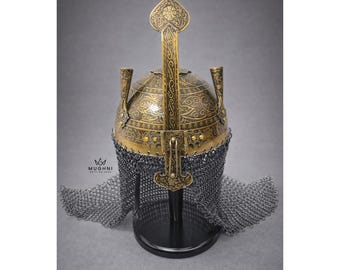 Khula Khud Helmet Gold Damascened Steel Medieval Helmet with chainmail | Handmade Warrior Armor