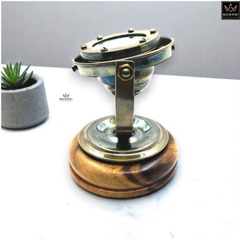 Compass Pot Metal Brass Gimbal Compass in Binnacle Antique Finish Nautical Ship Decor ...