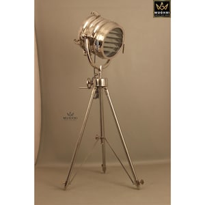 Industrial Tripod Floor Lamp: Chrome Spotlight, Adjustable Aluminum