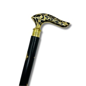 Walking Cane Foldable Brass Floral Handle Black Stick Mobility Gift Prop Use