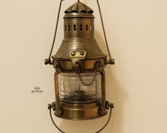 Handmade Nautical Oil Lamp – Metal & Glass Lantern, Antique Brass Finish Hanging Light