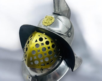 Roman Gladiator Helmet Steel with Brass Face Guard Medieval Armor Replica