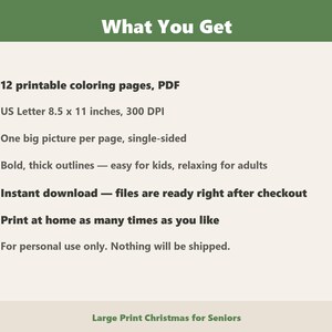 May include: A digital information graphic titled What You Get, listing 12 printable PDF coloring pages in 8.5 x 11 inch US Letter size at 300 DPI. Features include single-sided pages, bold thick outlines, instant download, and home printing.