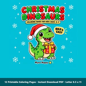 Christmas Dinosaur Coloring Pages | 12 Printable Bold Line Art Sheets for Kids Ages 3-7 (PDF) image 1