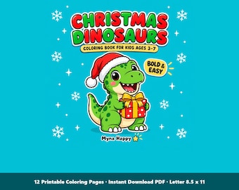 Christmas Dinosaur Coloring Pages | 12 Printable Bold Line Art Sheets for Kids Ages 3-7 (PDF)