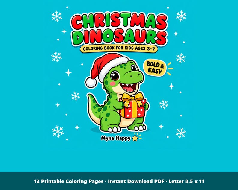 Christmas Dinosaur Coloring Pages | 12 Printable Bold Line Art Sheets for Kids Ages 3-7 (PDF) image 1