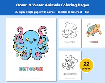 Ocean Animal Coloring Pages for Toddlers, 22 Simple Sea Creatures with Names, Preschool Printable