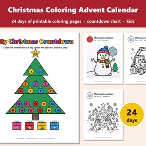 May include: A Christmas coloring advent calendar featuring a large green tree with numbered ornaments, a yellow star, and four colorful gift boxes. Includes printable pages with a snowman, a tractor, and unicorns for a 24-day countdown.
