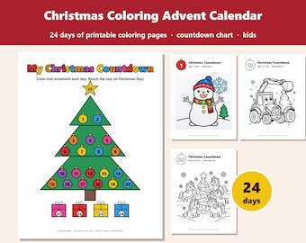 Christmas Coloring Advent Calendar for Kids, 24 Days Printable Countdown Pages, Instant Download PDF