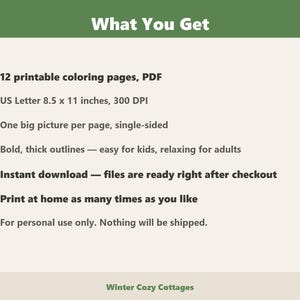 May include: A digital product information sheet titled What You Get, listing 12 printable coloring pages in PDF format, US Letter 8.5 x 11 inches, 300 DPI, single-sided, bold outlines, instant download, and personal use terms for Winter Cozy Cottages.