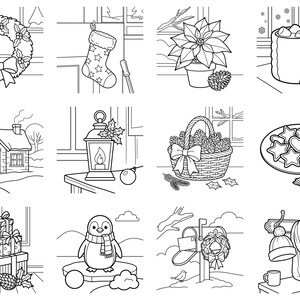May include: A collection of twelve black and white line art illustrations featuring holiday themes including a wreath, stocking, poinsettia, hot cocoa, a snowy cabin, lantern, pinecone basket, star cookies, gift boxes, a penguin, mailbox, and winter gear.