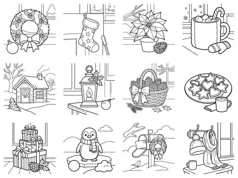May include: A collection of twelve black and white line art illustrations featuring holiday themes including a wreath, stocking, poinsettia, hot cocoa, a snowy cabin, lantern, pinecone basket, star cookies, gift boxes, a penguin, mailbox, and winter gear.