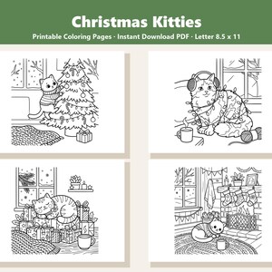 May include: Four black and white printable coloring pages titled Christmas Kitties, featuring cats in holiday settings. Each page shows a cat with Christmas trees, presents, fireplaces, and winter windows, sized at 8.5 by 11 inches for printing.