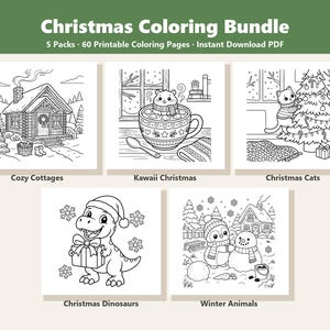 May include: A Christmas Coloring Bundle featuring 60 printable pages across 5 packs. The images include a log cabin, a hamster in a mug, a cat decorating a tree, a dinosaur with a gift, and penguins with a snowman, all in black and white line art.