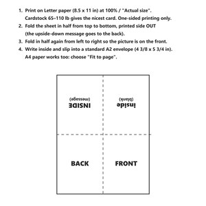 May include: An instructional guide titled How to Print & Fold Your Cards, featuring text instructions for 8.5 x 11 inch letter paper and A2 envelopes. A diagram shows a rectangular sheet divided into four quadrants labeled BACK, FRONT, and INSIDE.