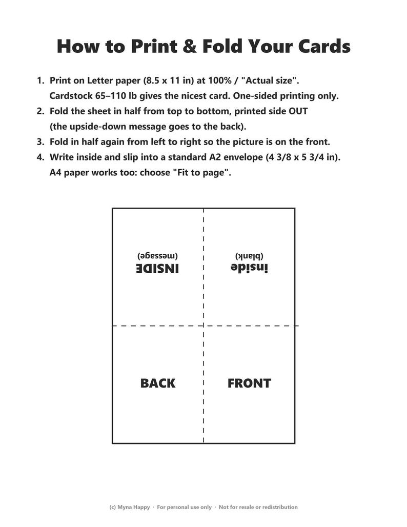 May include: An instructional guide titled How to Print & Fold Your Cards, featuring text instructions for 8.5 x 11 inch letter paper and A2 envelopes. A diagram shows a rectangular sheet divided into four quadrants labeled BACK, FRONT, and INSIDE.