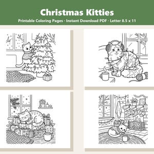 May include: Four black and white printable coloring pages titled Christmas Kitties, featuring cats in holiday settings. Each page shows a cat with Christmas trees, presents, fireplaces, and winter windows, sized at 8.5 by 11 inches for printing.