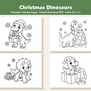 May include: Four black and white printable coloring pages titled Christmas Dinosaurs. The pages feature cartoon dinosaurs with holiday themes including a dinosaur with a gift, a dinosaur decorating a tree, a triceratops with a sled, and a dinosaur in a box.