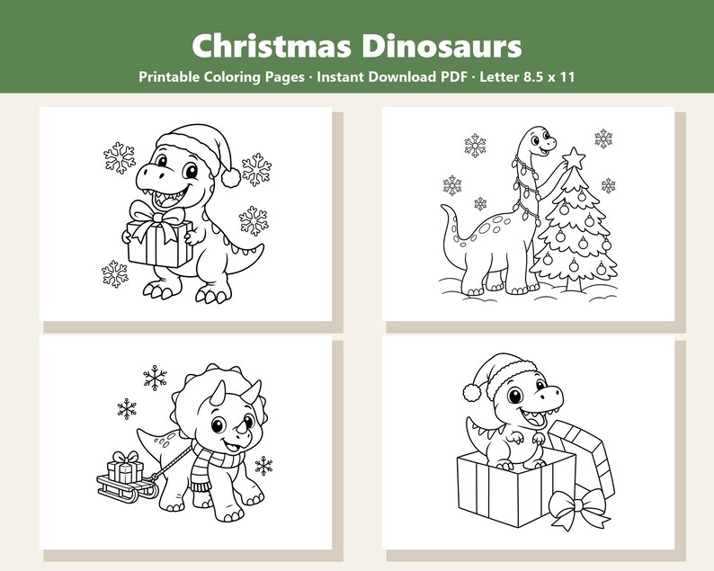 May include: Four black and white printable coloring pages titled Christmas Dinosaurs. The pages feature cartoon dinosaurs with holiday themes including a dinosaur with a gift, a dinosaur decorating a tree, a triceratops with a sled, and a dinosaur in a box.