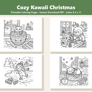 May include: Four black and white printable coloring pages titled Cozy Kawaii Christmas. The pages feature line art of a hamster in a mug, a penguin baking, a rabbit ice skating, and a hamster sleeping, all in 8.5 x 11 inch letter format.