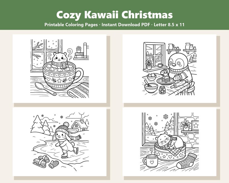 May include: Four black and white printable coloring pages titled Cozy Kawaii Christmas. The pages feature line art of a hamster in a mug, a penguin baking, a rabbit ice skating, and a hamster sleeping, all in 8.5 x 11 inch letter format.