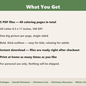 May include: A digital product information sheet titled What You Get, listing 5 PDF files with 60 coloring pages total, US Letter 8.5 x 11 inches, 300 DPI, single-sided images, bold outlines, and usage terms for Cozy Cottages, Kawaii Christmas, Christmas Cats, Christmas Dinosaurs, and Winter Animals.