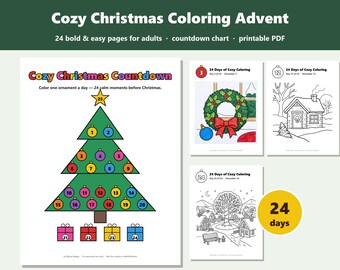 Cozy Christmas Coloring Advent Calendar for Adults, 24 Days Printable Countdown, Bold and Easy