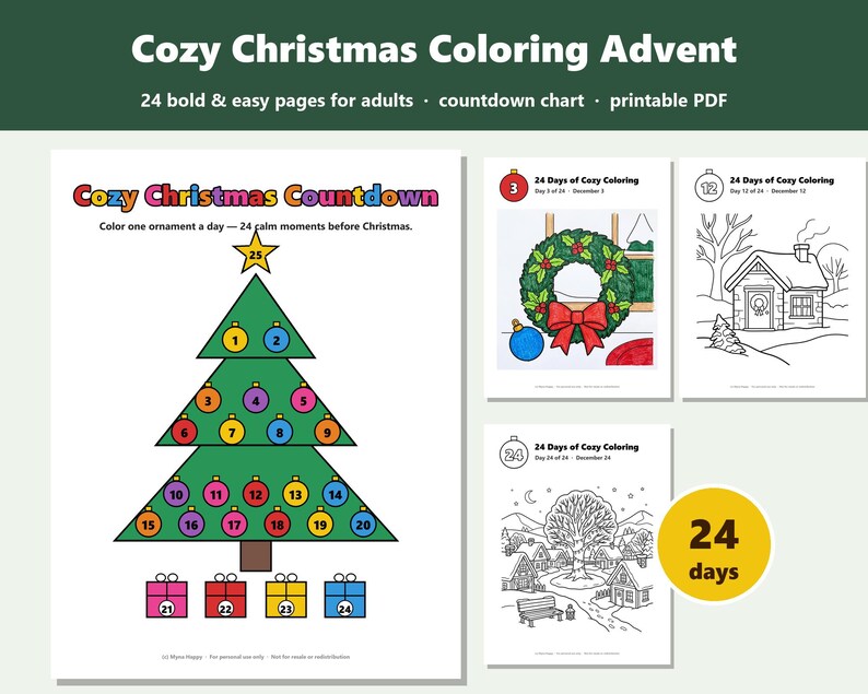 Cozy Christmas Coloring Advent Calendar for Adults, 24 Days Printable Countdown, Bold and Easy image 1