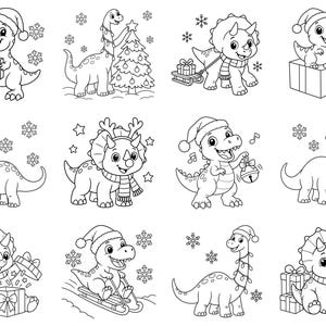 May include: A collection of twelve black and white line art illustrations featuring cartoon dinosaurs celebrating the holidays. The images depict various dinosaurs wearing Santa hats, scarves, and reindeer antlers, interacting with gifts, sleds, and trees.