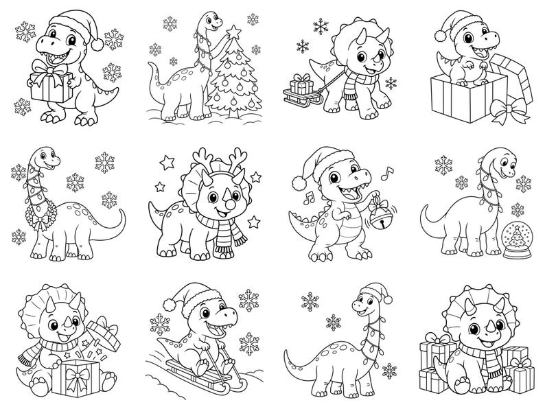 May include: A collection of twelve black and white line art illustrations featuring cartoon dinosaurs celebrating the holidays. The images depict various dinosaurs wearing Santa hats, scarves, and reindeer antlers, interacting with gifts, sleds, and trees.