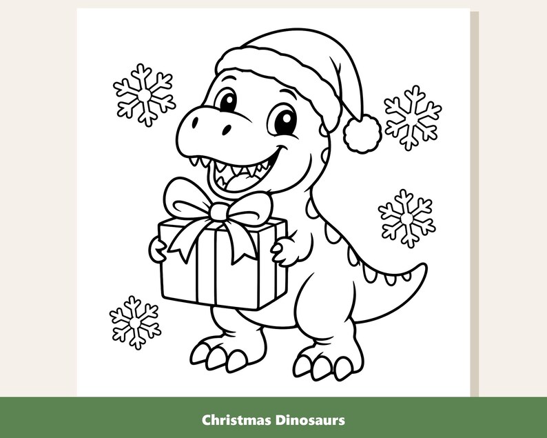 May include: A black and white line art illustration of a smiling dinosaur wearing a Santa hat and holding a gift box with a large bow. The scene is decorated with four snowflake icons surrounding the dinosaur. The text Christmas Dinosaurs is visible.
