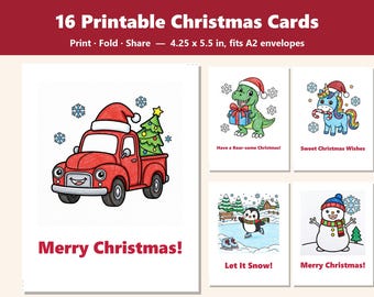 Printable Christmas Cards PDF, 16 Folded A2 Holiday Designs for Kids, Instant Download