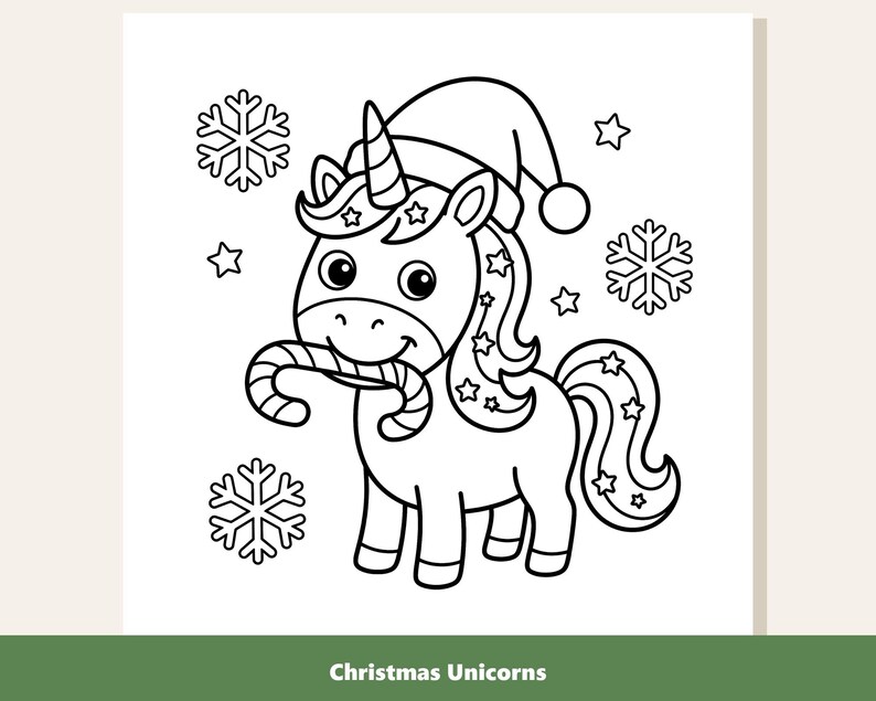 May include: A black and white line art coloring page featuring a cartoon unicorn wearing a Santa hat and holding a candy cane in its mouth. The design includes surrounding snowflakes and stars, with the text Christmas Unicorns at the bottom.