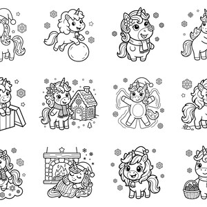 May include: A collection of twelve black and white line art illustrations featuring cartoon unicorns in various winter and holiday scenes, including unicorns with candy canes, snowmen, gingerbread houses, fireplaces, and snowflakes.