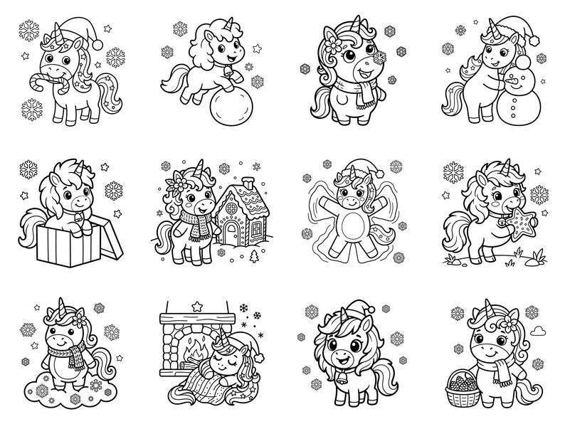 May include: A collection of twelve black and white line art illustrations featuring cartoon unicorns in various winter and holiday scenes, including unicorns with candy canes, snowmen, gingerbread houses, fireplaces, and snowflakes.