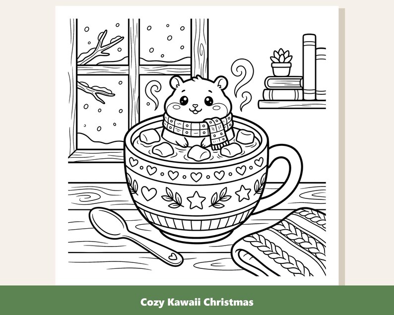 May include: A black and white coloring page illustration featuring a small hamster wearing a scarf inside a large mug filled with marshmallows. The mug has a heart and star pattern. A spoon and a folded knit blanket are nearby, with a window view.