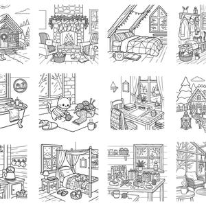 May include: A collection of twelve black and white line art illustrations featuring cozy winter scenes, including a log cabin, a fireplace, a bedroom, an entryway, a bathtub, a cat with yarn, a desk, a gingerbread house, a kitchen, and a sunroom.