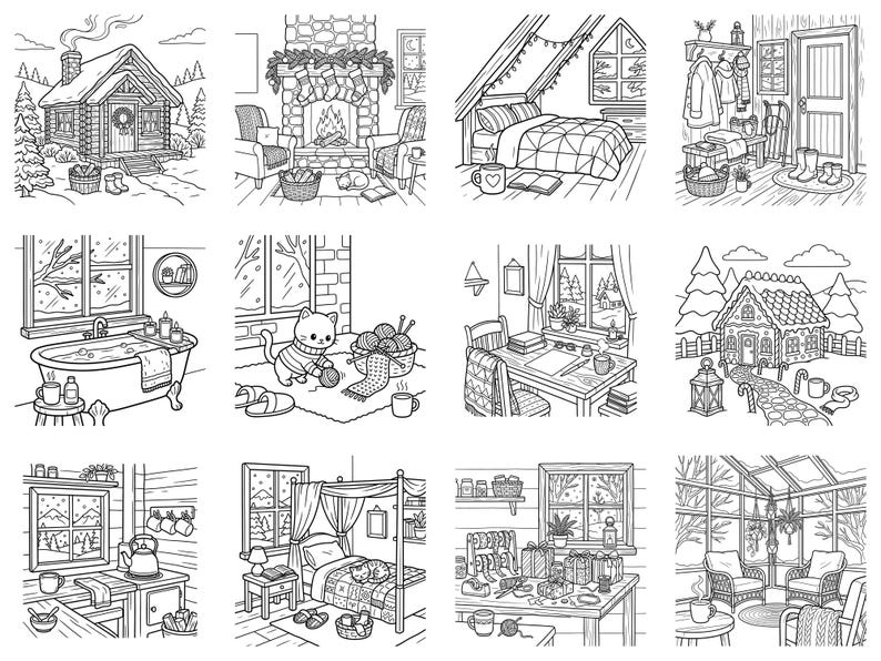 May include: A collection of twelve black and white line art illustrations featuring cozy winter scenes, including a log cabin, a fireplace, a bedroom, an entryway, a bathtub, a cat with yarn, a desk, a gingerbread house, a kitchen, and a sunroom.